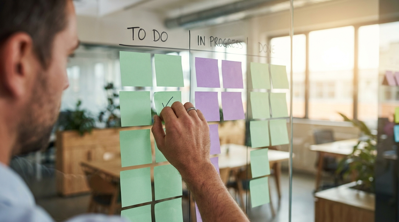 A hand placing a sticky note onto an organized kanban board